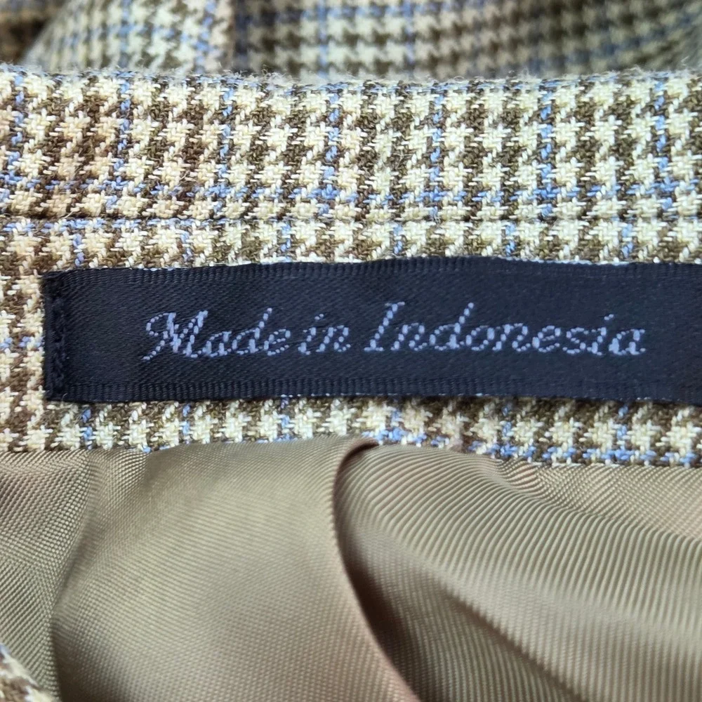 Lauren Ralph Lauren Silk Wool Sport Coat Mens 42R Houndstooth Blazer Tan Brown